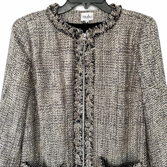 Nulu Fringe Trim Long Tweed Blazer in Gray Size Medium - Picture 2 of 9